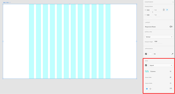 Reszponzív weboldal grid beállítás Adobe XD-ben