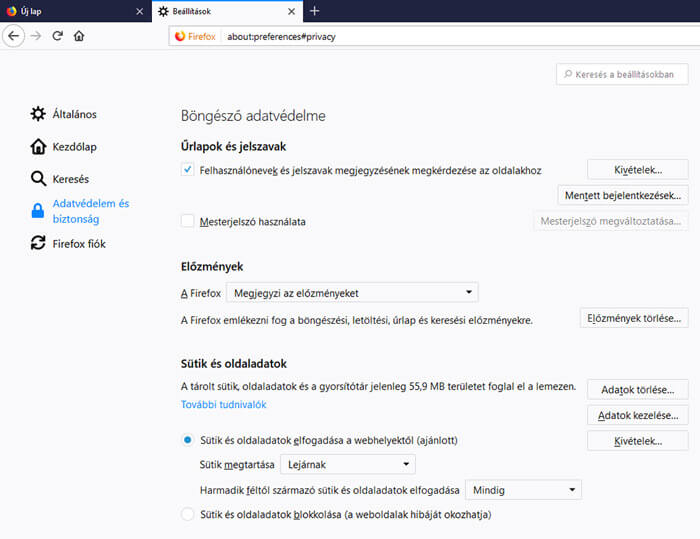 Firefox beállítások