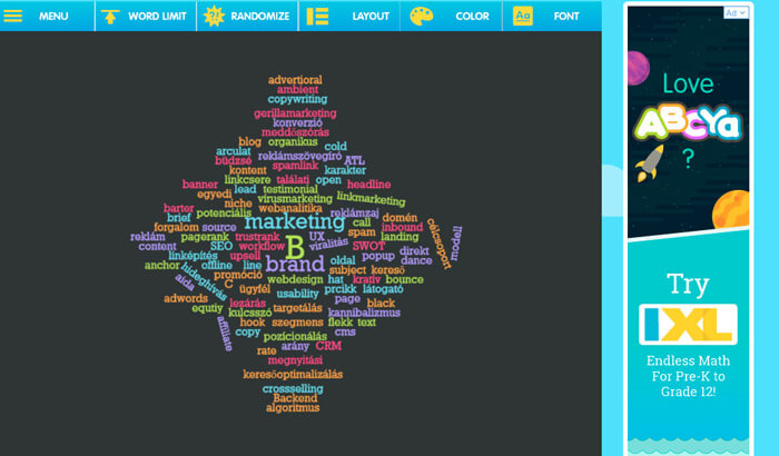 Abcya szófelhő készítő program felület