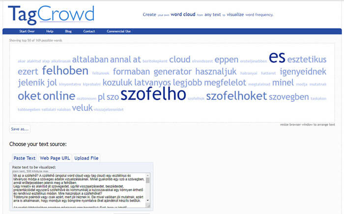 TagCrowd szófelhő generáló szoftver nyitólap