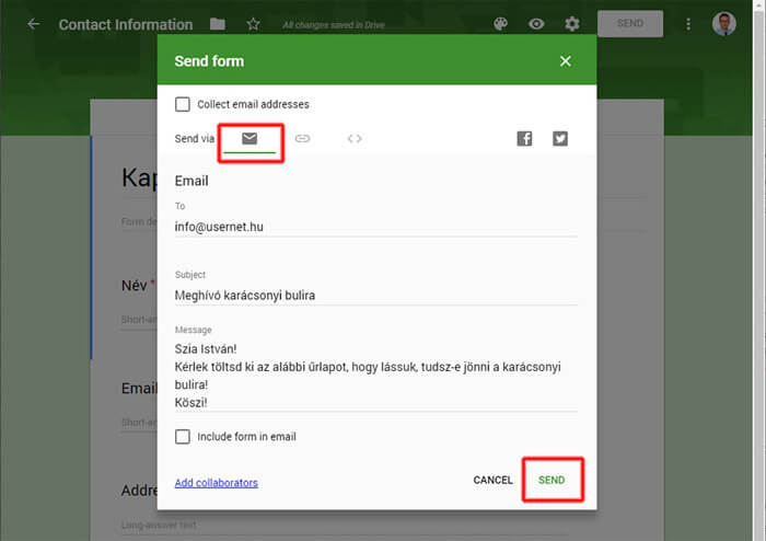 Google űrlap e-mail-ben történő továbbküldése megadott címzetteknek