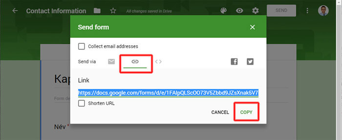 Google Űrlap megosztási link elérhetősége és másolása