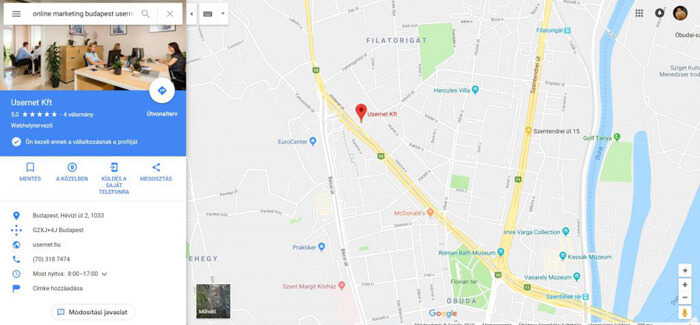 A Usernet Kft adatai a Google Cégem oldalon