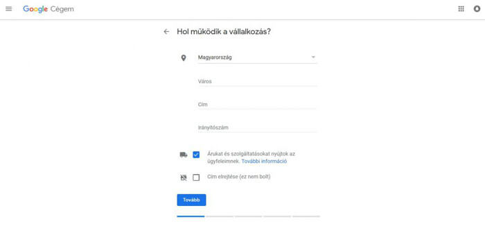 Második lépés a Google Cégem regisztráció során