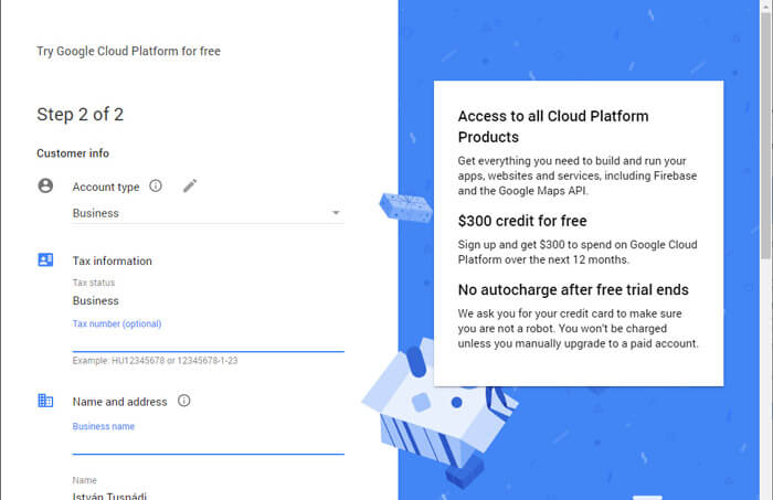 Google Cloud Platform regisztráció második lépés