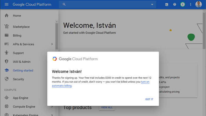 Sikeres Google Cloud Platform regisztráció