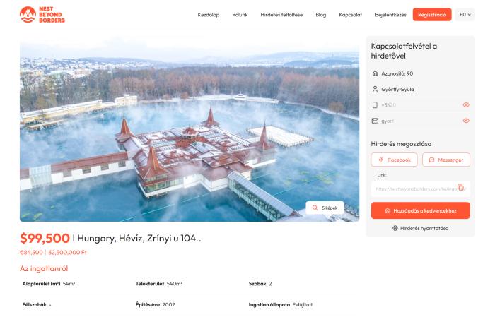 Ingatlanos weboldal egy konkrét ingatlan részletező