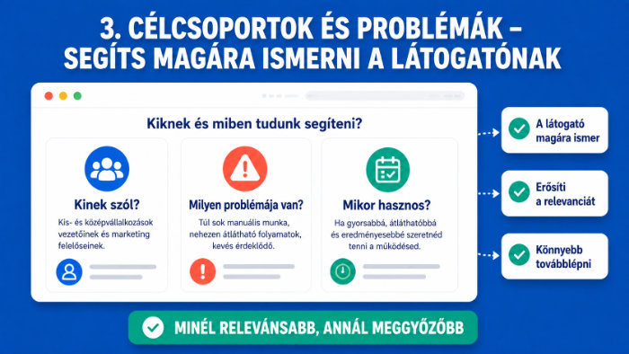 Célcsoportok, problémák és felhasználási helyzetek: segíts magára ismerni a látogatónak